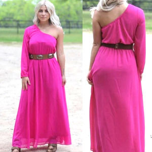 One Shoulder Dress Womens Small Hot Pink Rayon Barbiecore Summer Boutique NEW